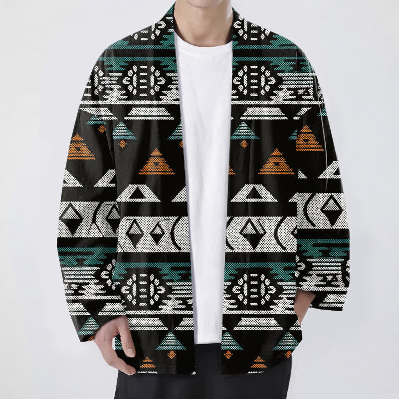 Buddha Stones Kimono da uomo in cotone color verde acqua con motivo geometrico azteco e apertura frontale. - Nero - US/UK/AU48, EU58 (4XL) - image 6