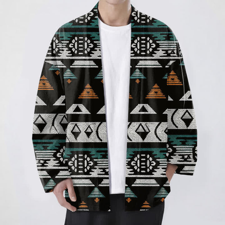Buddha Stones Kimono da uomo in cotone color verde acqua con motivo geometrico azteco e apertura frontale. - Nero - US/UK/AU48, EU58 (4XL) - image 6