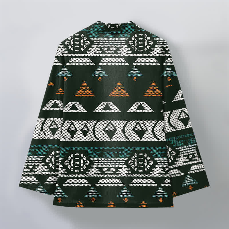 Buddha Stones Kimono da uomo in cotone color verde acqua con motivo geometrico azteco e apertura frontale. - image 11