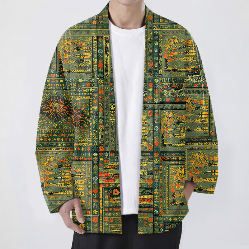 Buddha Stones Kimono da uomo in cotone vintage con patchwork multicolore e motivo floreale, aperto sul davanti. - Oliva - US/UK/AU48, EU58 (4XL) - image 0