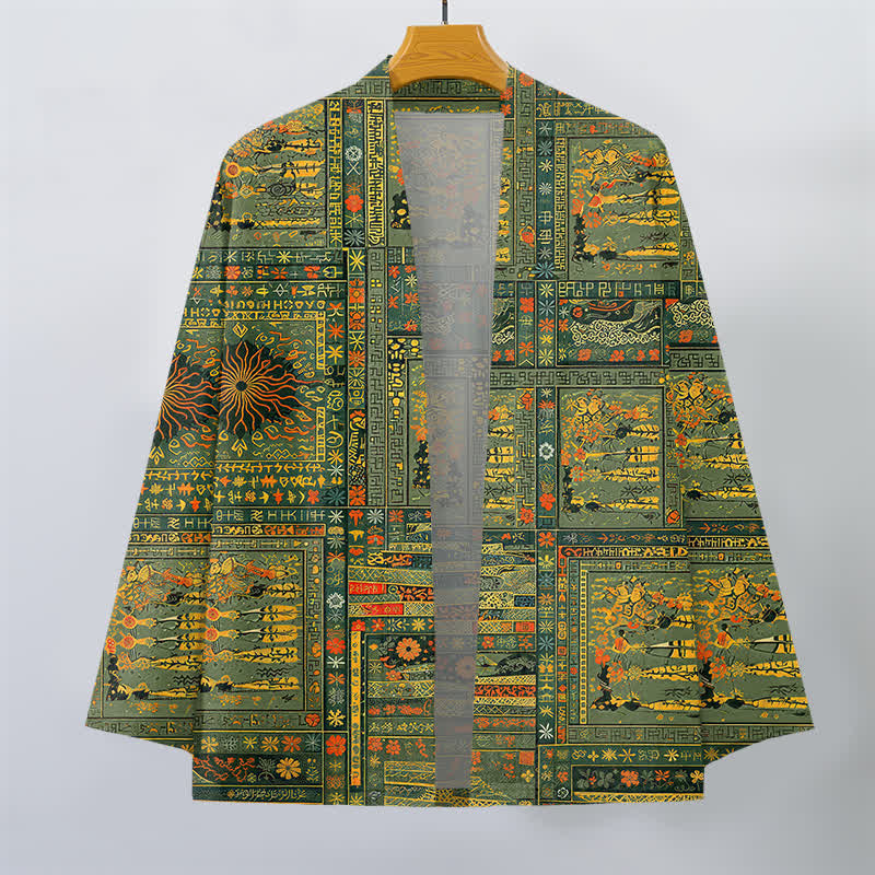 Buddha Stones Kimono da uomo in cotone vintage con patchwork multicolore e motivo floreale, aperto sul davanti. - image 1