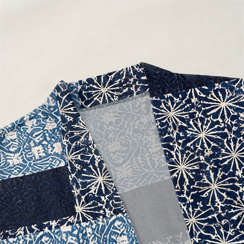 Buddha Stones Kimono da uomo in cotone con motivo a blocchi geometrici e apertura frontale, realizzato con patchwork. - image 3