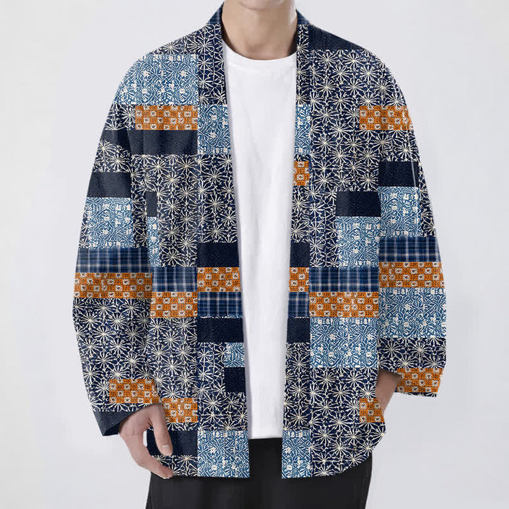 Buddha Stones Kimono da uomo in cotone con motivo a blocchi geometrici e apertura frontale, realizzato con patchwork. - Marina - US/UK/AU48, EU58 (4XL) - image 0