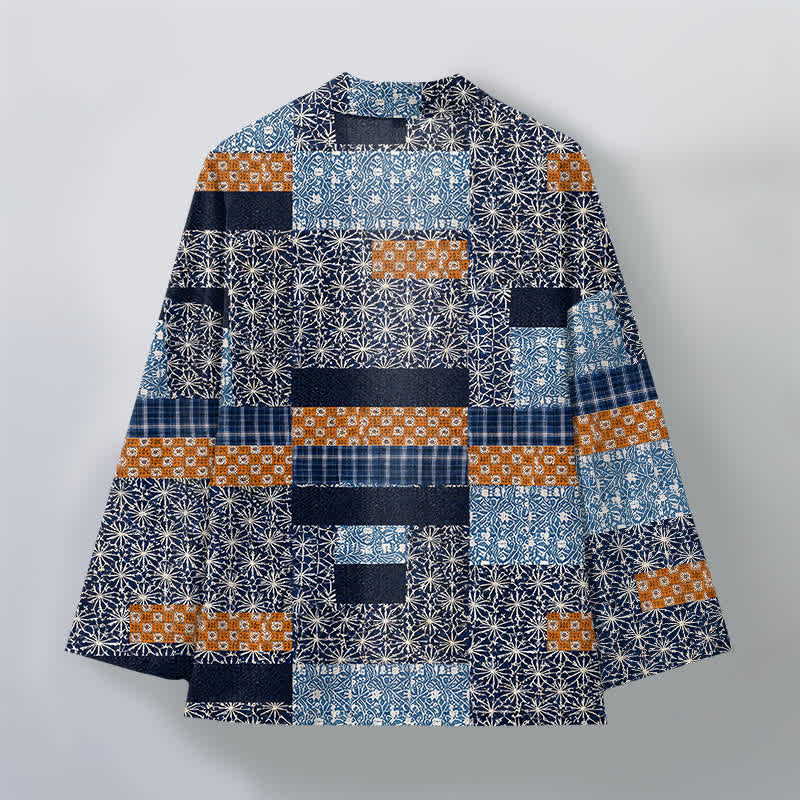 Buddha Stones Kimono da uomo in cotone con motivo a blocchi geometrici e apertura frontale, realizzato con patchwork. - image 2