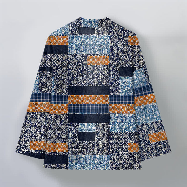 Buddha Stones Kimono da uomo in cotone con motivo a blocchi geometrici e apertura frontale, realizzato con patchwork. - image 2