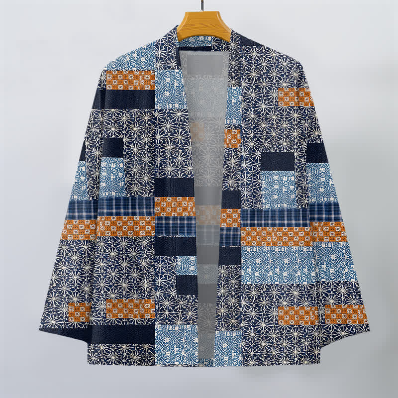 Buddha Stones Kimono da uomo in cotone con motivo a blocchi geometrici e apertura frontale, realizzato con patchwork. - image 1