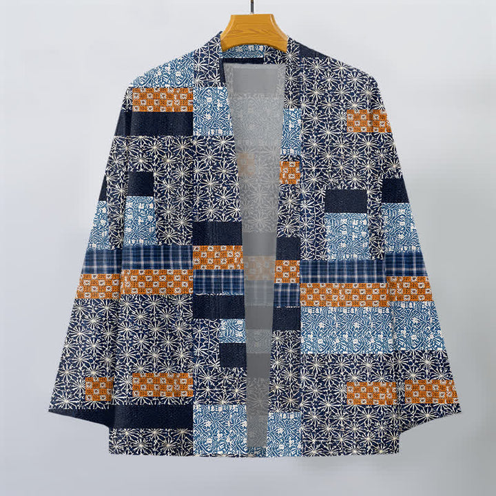 Buddha Stones Kimono da uomo in cotone con motivo a blocchi geometrici e apertura frontale, realizzato con patchwork. - image 1