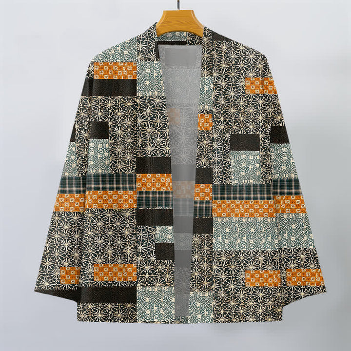 Buddha Stones Kimono da uomo in cotone con motivo a blocchi geometrici e apertura frontale, realizzato con patchwork. - image 7