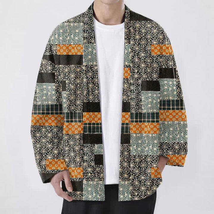Buddha Stones Kimono da uomo in cotone con motivo a blocchi geometrici e apertura frontale, realizzato con patchwork. - Nero - US/UK/AU48, EU58 (4XL) - image 6
