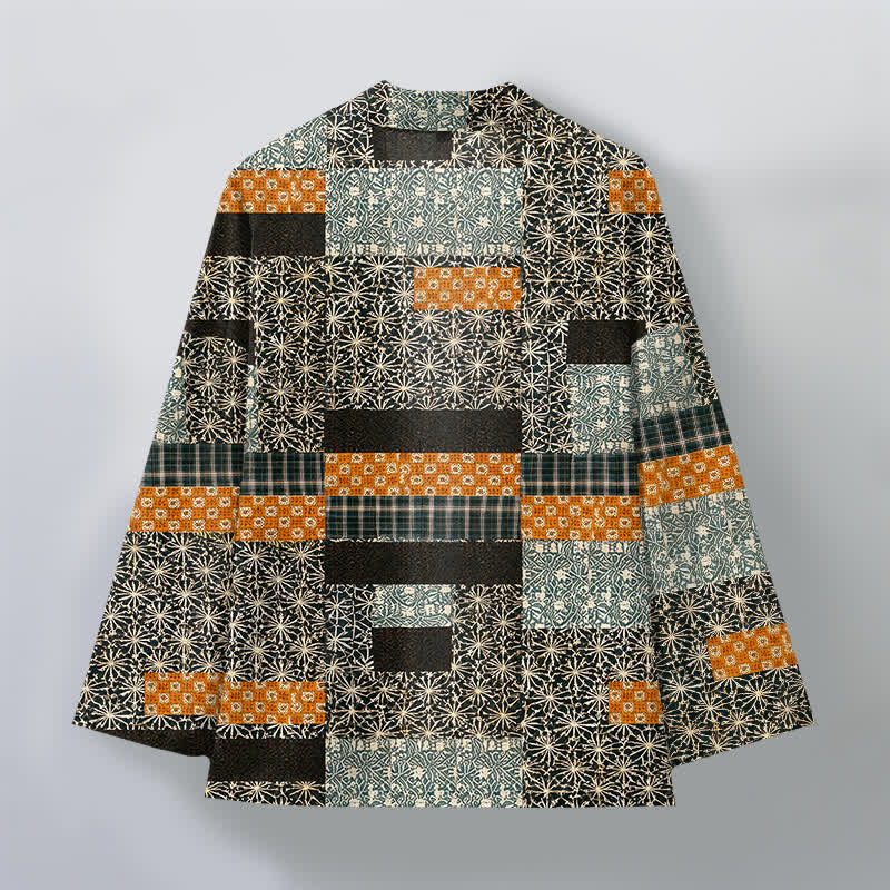 Buddha Stones Kimono da uomo in cotone con motivo a blocchi geometrici e apertura frontale, realizzato con patchwork. - image 8