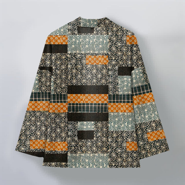 Buddha Stones Kimono da uomo in cotone con motivo a blocchi geometrici e apertura frontale, realizzato con patchwork. - image 8