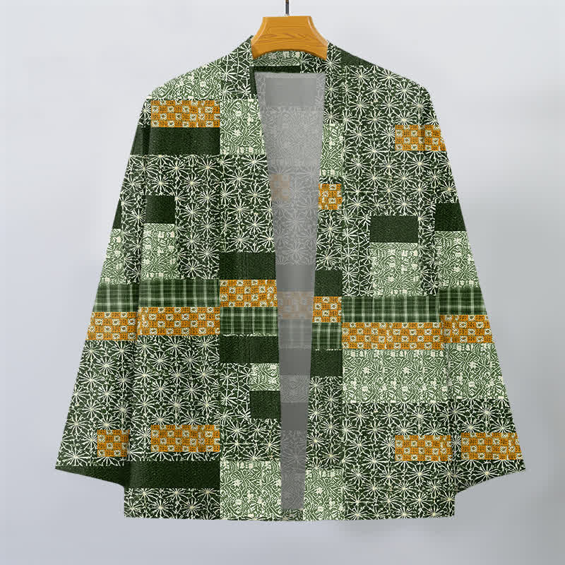 Buddha Stones Kimono da uomo in cotone con motivo a blocchi geometrici e apertura frontale, realizzato con patchwork. - image 10