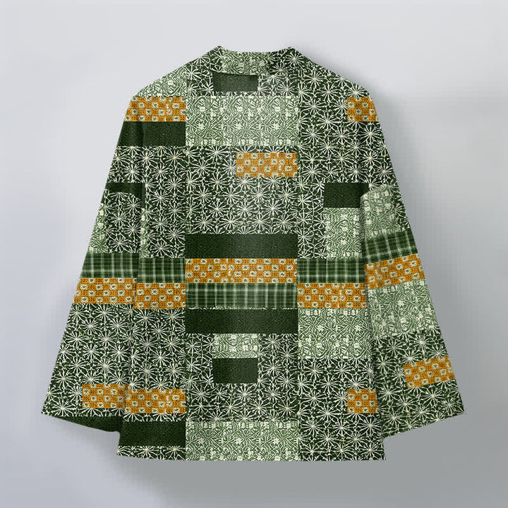 Buddha Stones Kimono da uomo in cotone con motivo a blocchi geometrici e apertura frontale, realizzato con patchwork. - image 11