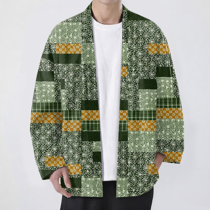 Buddha Stones Kimono da uomo in cotone con motivo a blocchi geometrici e apertura frontale, realizzato con patchwork. - Verde studentesco - US/UK/AU48, EU58 (4XL) - image 9