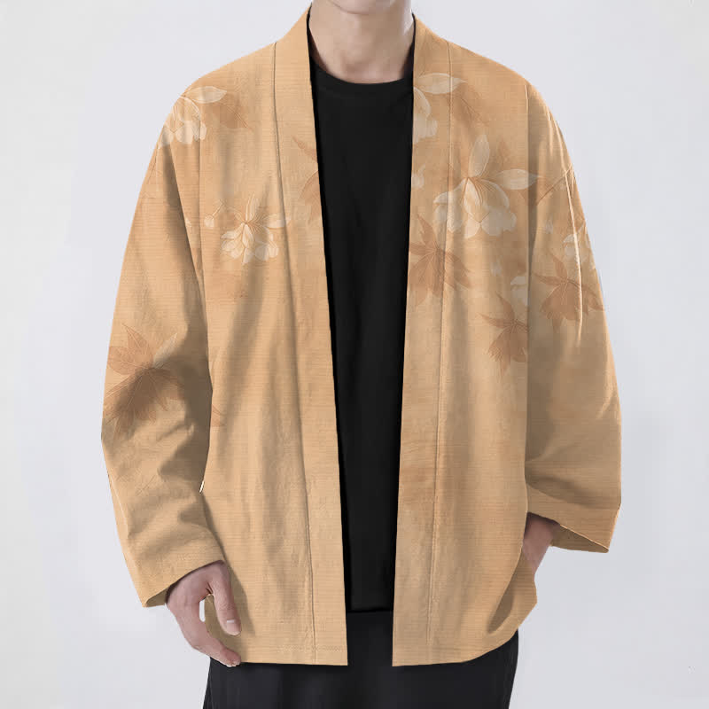 Buddha Stones Kimono da uomo in cotone con delicato motivo floreale e foglie, aperto sul davanti. - Tan - US/UK/AU48, EU58 (4XL) - image 0