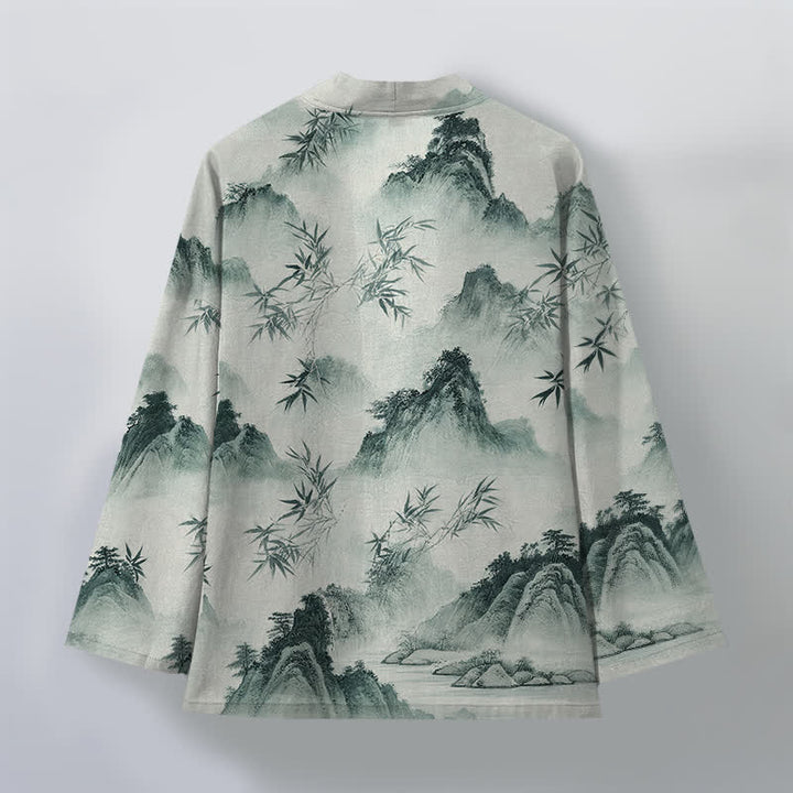 Buddha Stones Kimono da uomo con apertura frontale, fantasia paesaggio montano e bambù, in cotone e inchiostro. - image 2