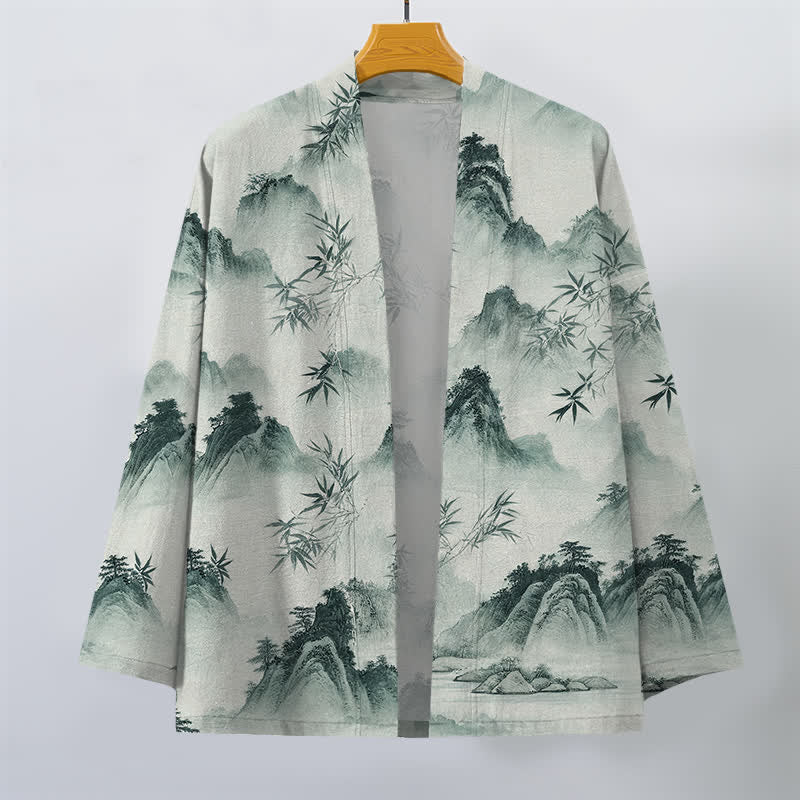 Buddha Stones Kimono da uomo con apertura frontale, fantasia paesaggio montano e bambù, in cotone e inchiostro. - image 1