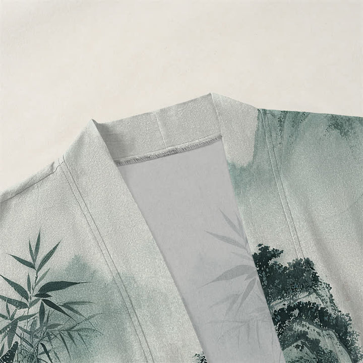Buddha Stones Kimono da uomo con apertura frontale, fantasia paesaggio montano e bambù, in cotone e inchiostro. - image 3