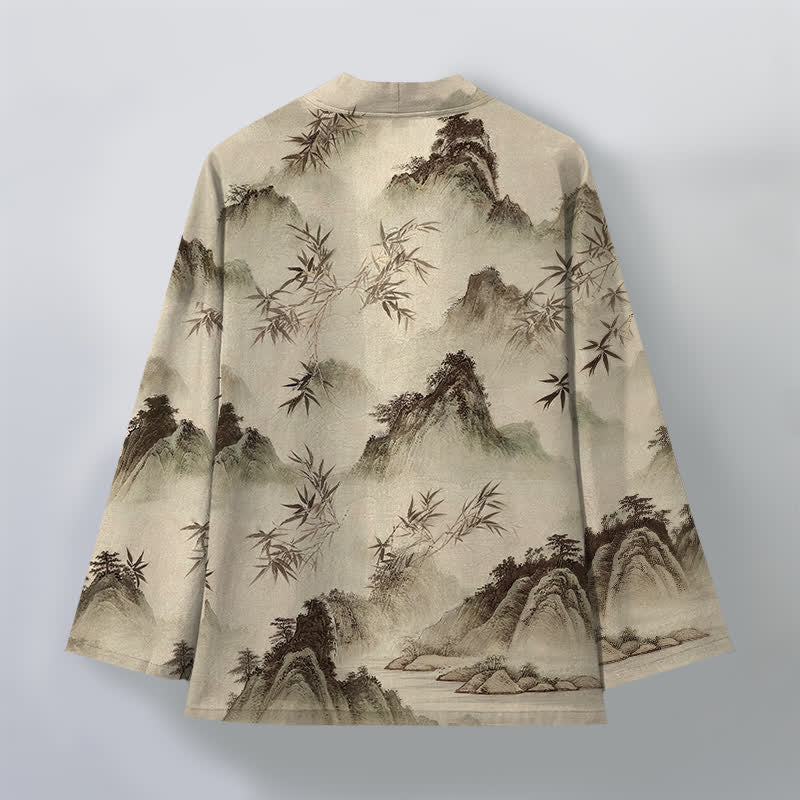 Buddha Stones Kimono da uomo con apertura frontale, fantasia paesaggio montano e bambù, in cotone e inchiostro. - image 8