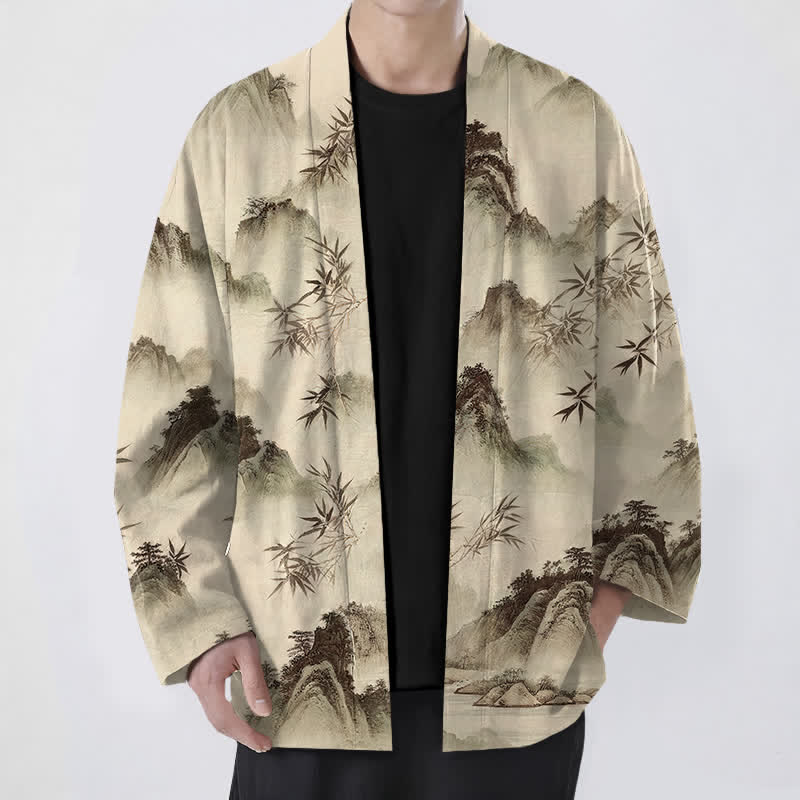Buddha Stones Kimono da uomo con apertura frontale, fantasia paesaggio montano e bambù, in cotone e inchiostro. - Tan - US/UK/AU48, EU58 (4XL) - image 6