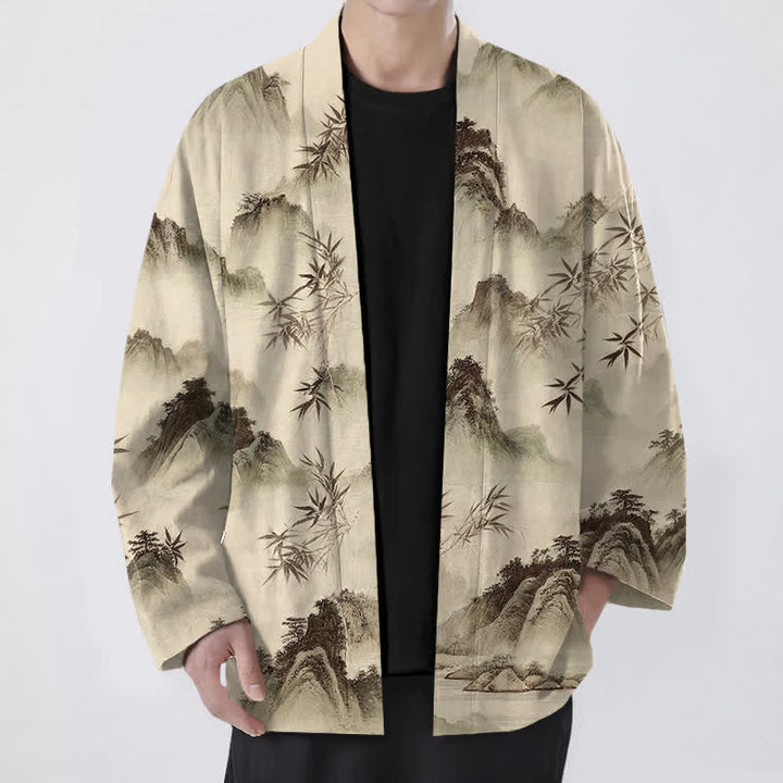 Buddha Stones Kimono da uomo con apertura frontale, fantasia paesaggio montano e bambù, in cotone e inchiostro. - Tan - US/UK/AU48, EU58 (4XL) - image 6