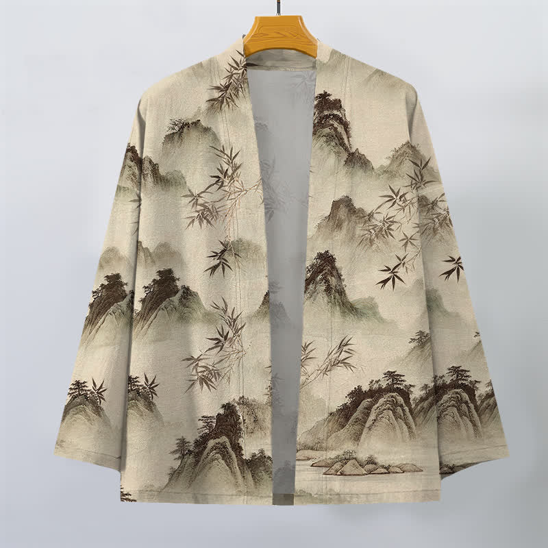 Buddha Stones Kimono da uomo con apertura frontale, fantasia paesaggio montano e bambù, in cotone e inchiostro. - image 7