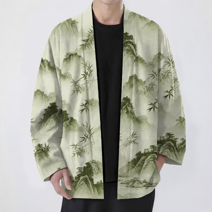 Buddha Stones Kimono da uomo con apertura frontale, fantasia paesaggio montano e bambù, in cotone e inchiostro. - Melata - US/UK/AU48, EU58 (4XL) - image 9