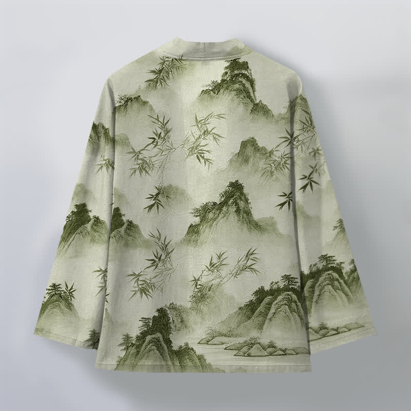 Buddha Stones Kimono da uomo con apertura frontale, fantasia paesaggio montano e bambù, in cotone e inchiostro. - image 11