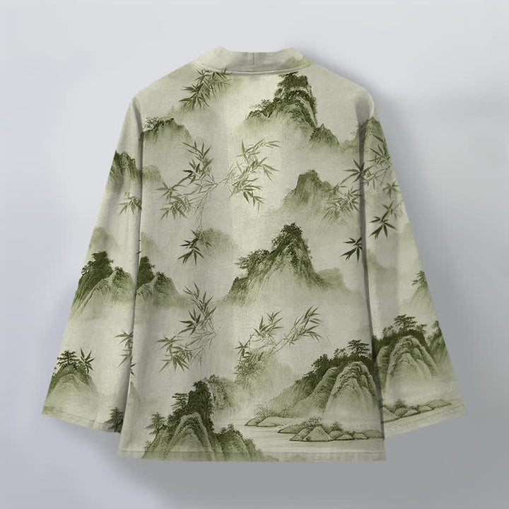 Buddha Stones Kimono da uomo con apertura frontale, fantasia paesaggio montano e bambù, in cotone e inchiostro. - image 11