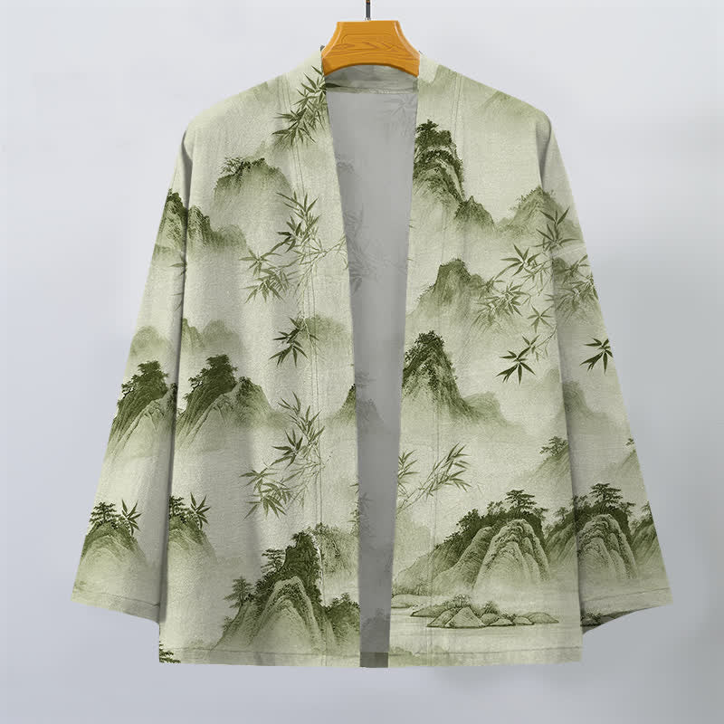 Buddha Stones Kimono da uomo con apertura frontale, fantasia paesaggio montano e bambù, in cotone e inchiostro. - image 10