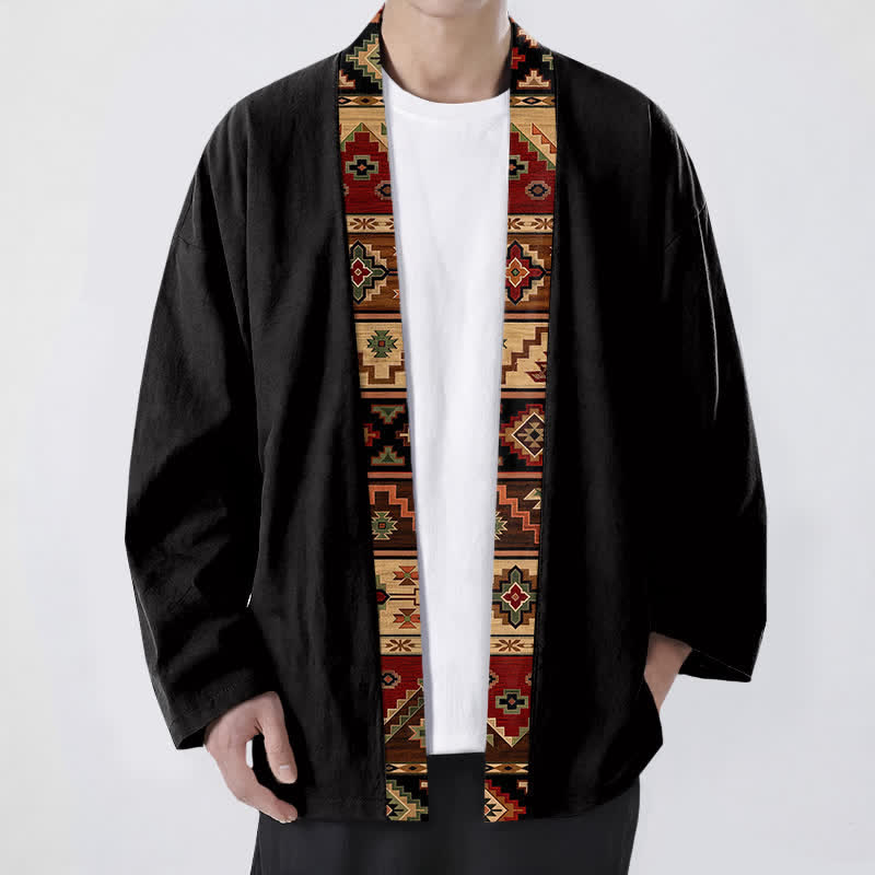 Buddha Stones Kimono da uomo in cotone con apertura frontale e motivo geometrico tribale. - Nero - US/UK/AU48, EU58 (4XL) - image 0