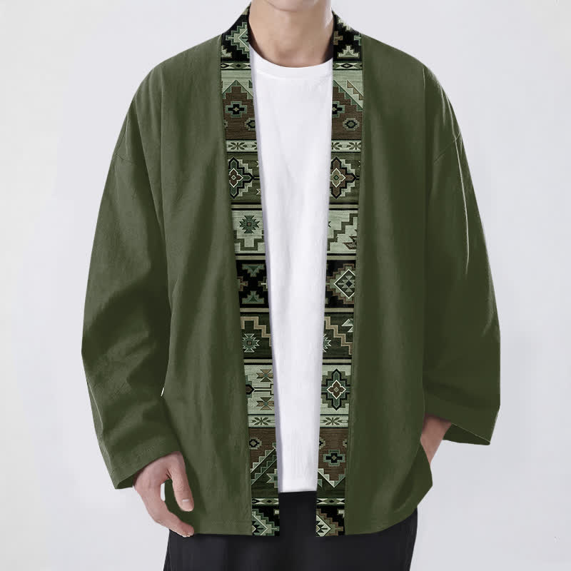 Buddha Stones Kimono da uomo in cotone con apertura frontale e motivo geometrico tribale. - Verde oliva scuro - US/UK/AU48, EU58 (4XL) - image 6