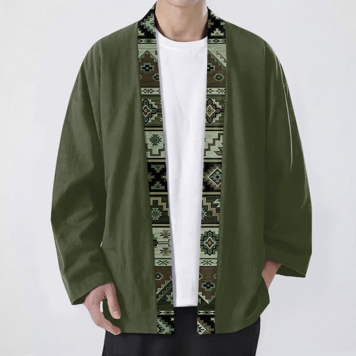 Buddha Stones Kimono da uomo in cotone con apertura frontale e motivo geometrico tribale. - Verde oliva scuro - US/UK/AU48, EU58 (4XL) - image 6