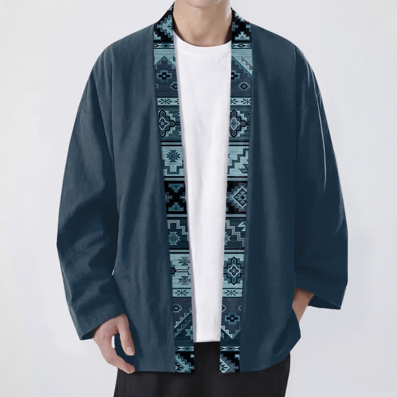 Buddha Stones Kimono da uomo in cotone con apertura frontale e motivo geometrico tribale. - SteelBlue - US/UK/AU48, EU58 (4XL) - image 9