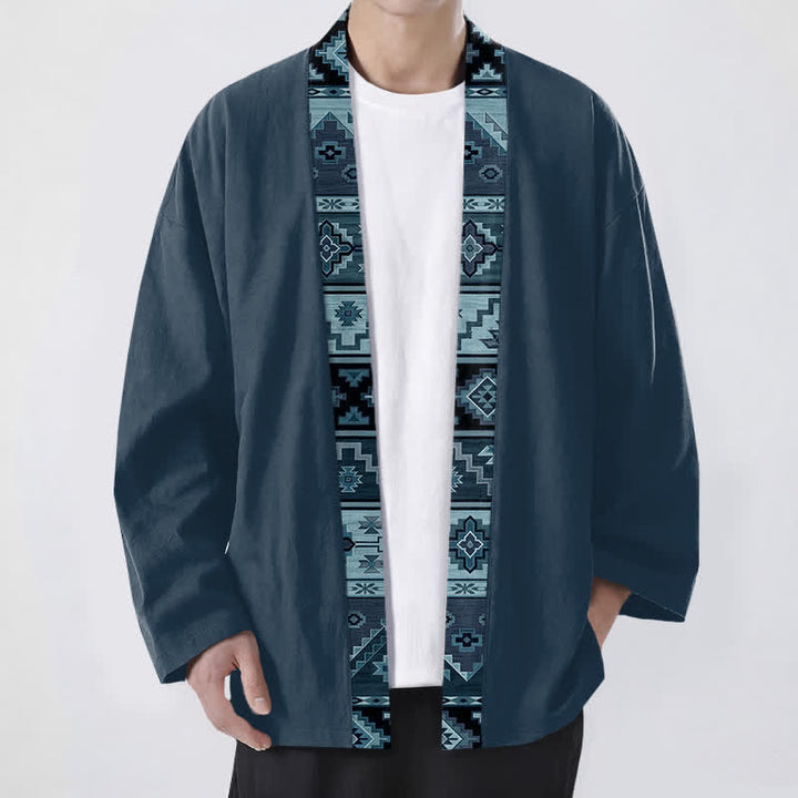 Buddha Stones Kimono da uomo in cotone con apertura frontale e motivo geometrico tribale. - SteelBlue - US/UK/AU48, EU58 (4XL) - image 9