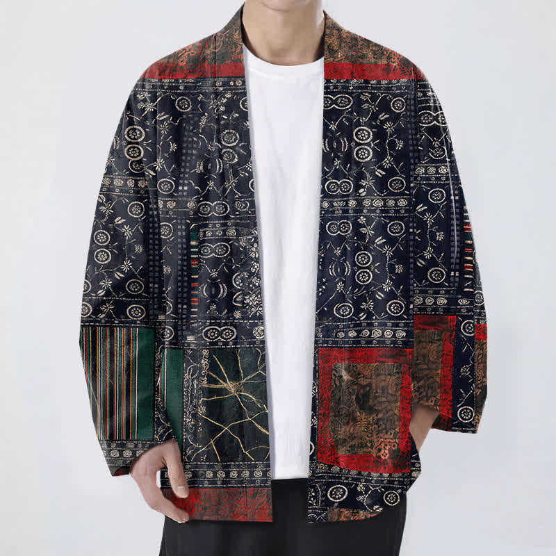 Buddha Stones Kimono da uomo in cotone con apertura frontale e motivo patchwork geometrico tribale. - Marina - US/UK/AU48, EU58 (4XL) - image 0