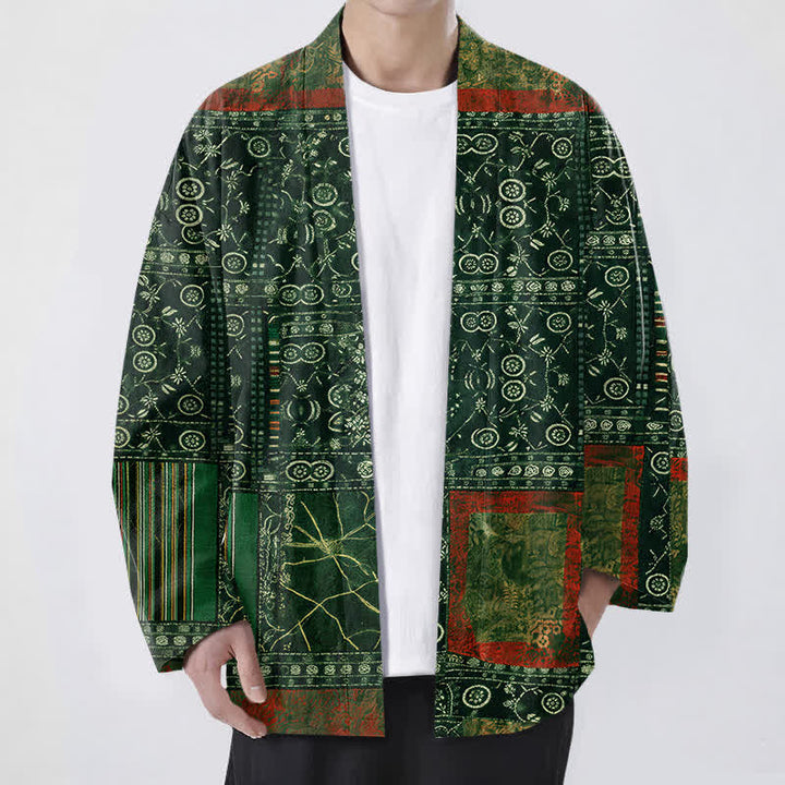 Buddha Stones Kimono da uomo in cotone con apertura frontale e motivo patchwork geometrico tribale. - Verde studentesco - US/UK/AU48, EU58 (4XL) - image 6