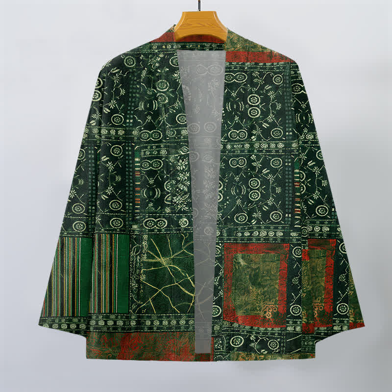 Buddha Stones Kimono da uomo in cotone con apertura frontale e motivo patchwork geometrico tribale. - image 7