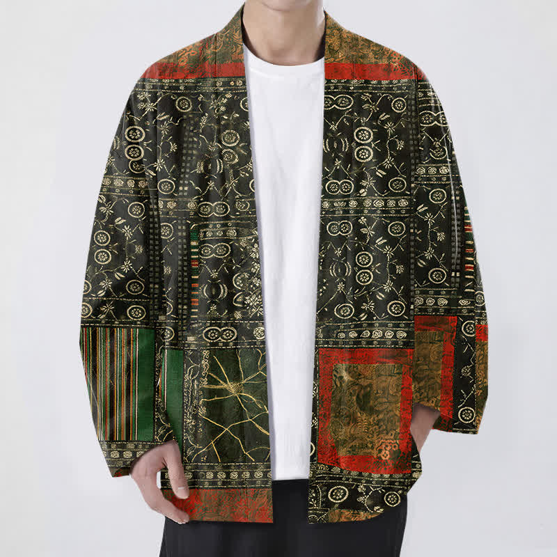 Buddha Stones Kimono da uomo in cotone con apertura frontale e motivo patchwork geometrico tribale. - Verde oliva scuro - US/UK/AU48, EU58 (4XL) - image 9