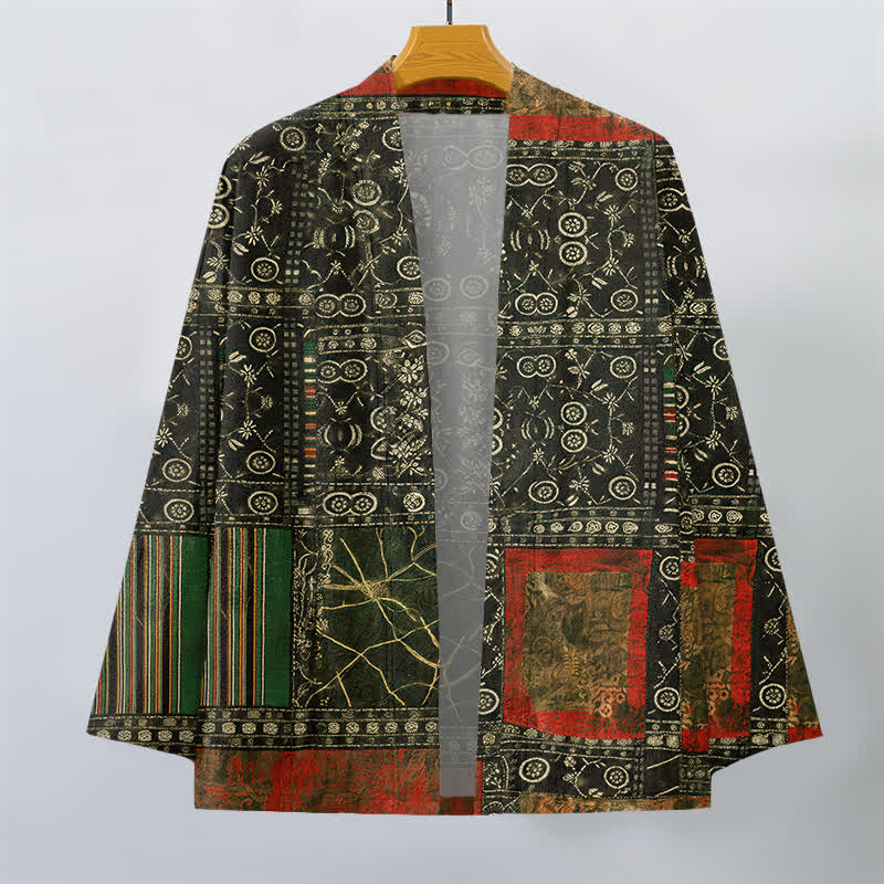 Buddha Stones Kimono da uomo in cotone con apertura frontale e motivo patchwork geometrico tribale. - image 10