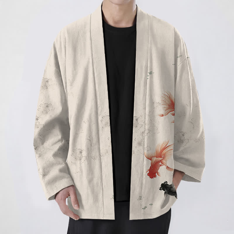 Buddha Stones Kimono da uomo in cotone con apertura frontale e motivo a onde e pesci koi. - Biancheria - US/UK/AU48, EU58 (4XL) - image 0