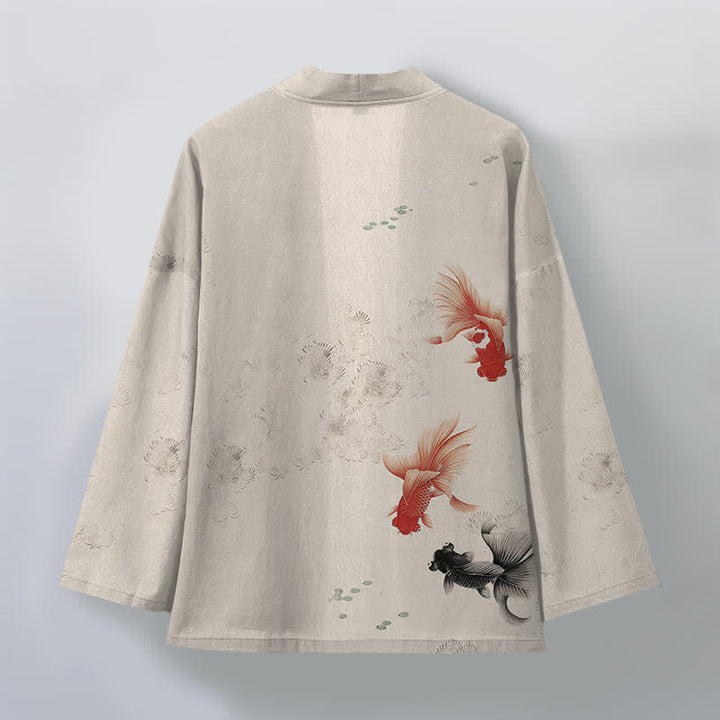 Buddha Stones Kimono da uomo in cotone con apertura frontale e motivo a onde e pesci koi. - image 2