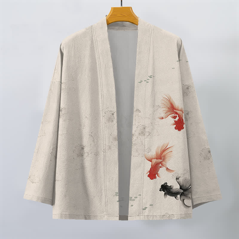 Buddha Stones Kimono da uomo in cotone con apertura frontale e motivo a onde e pesci koi. - image 1