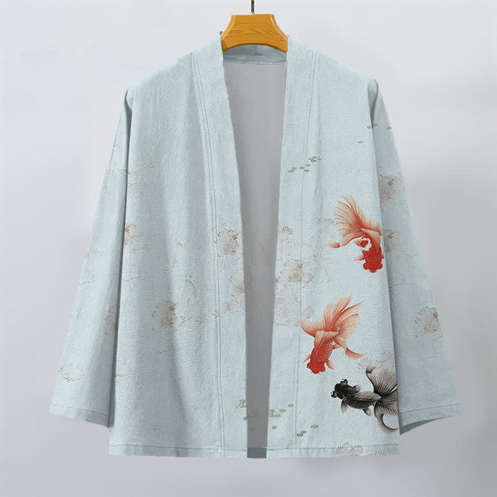 Buddha Stones Kimono da uomo in cotone con apertura frontale e motivo a onde e pesci koi. - image 7