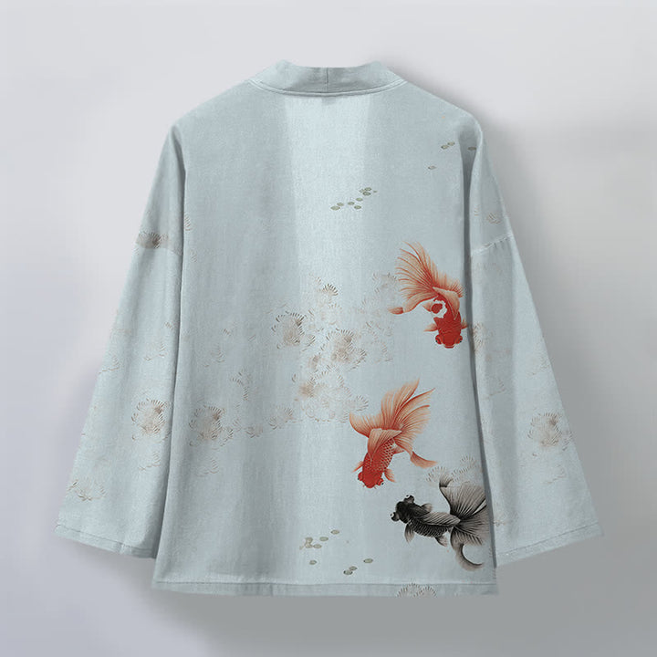 Buddha Stones Kimono da uomo in cotone con apertura frontale e motivo a onde e pesci koi. - image 8