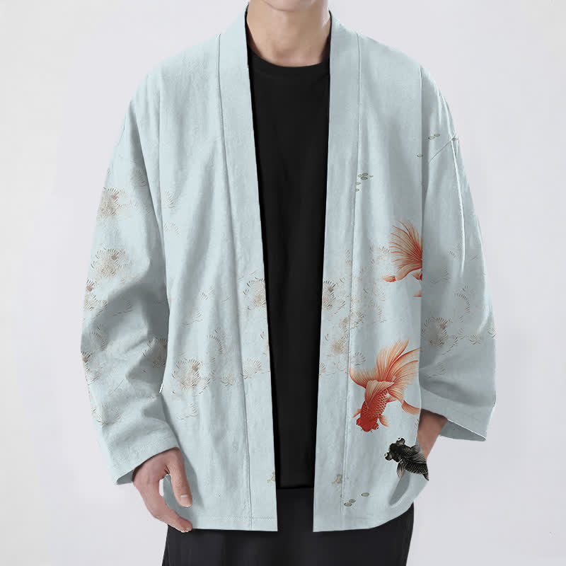 Buddha Stones Kimono da uomo in cotone con apertura frontale e motivo a onde e pesci koi. - Azzurro polvere - US/UK/AU48, EU58 (4XL) - image 6