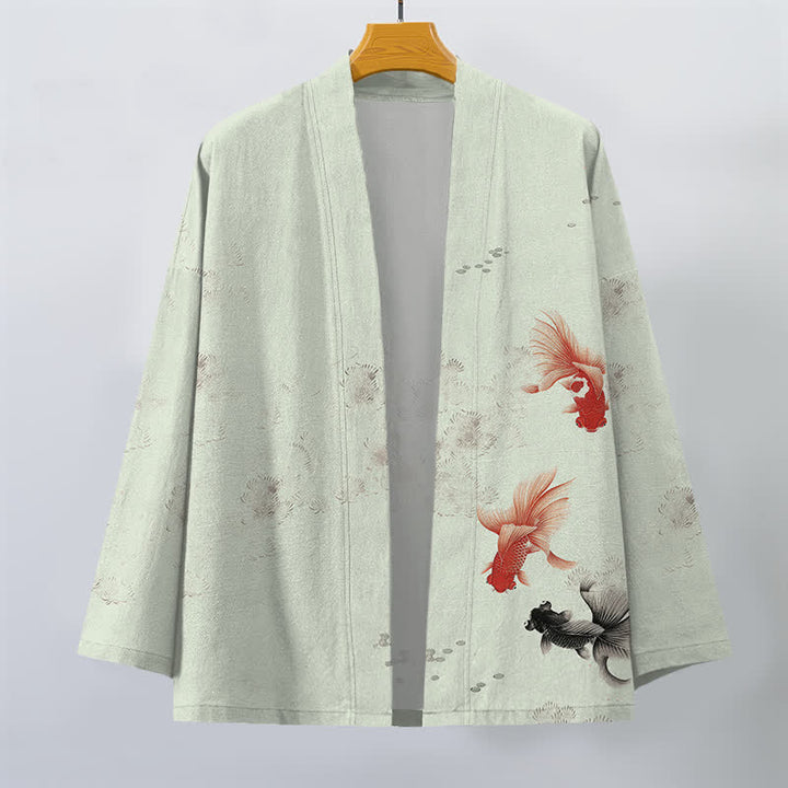 Buddha Stones Kimono da uomo in cotone con apertura frontale e motivo a onde e pesci koi. - image 10