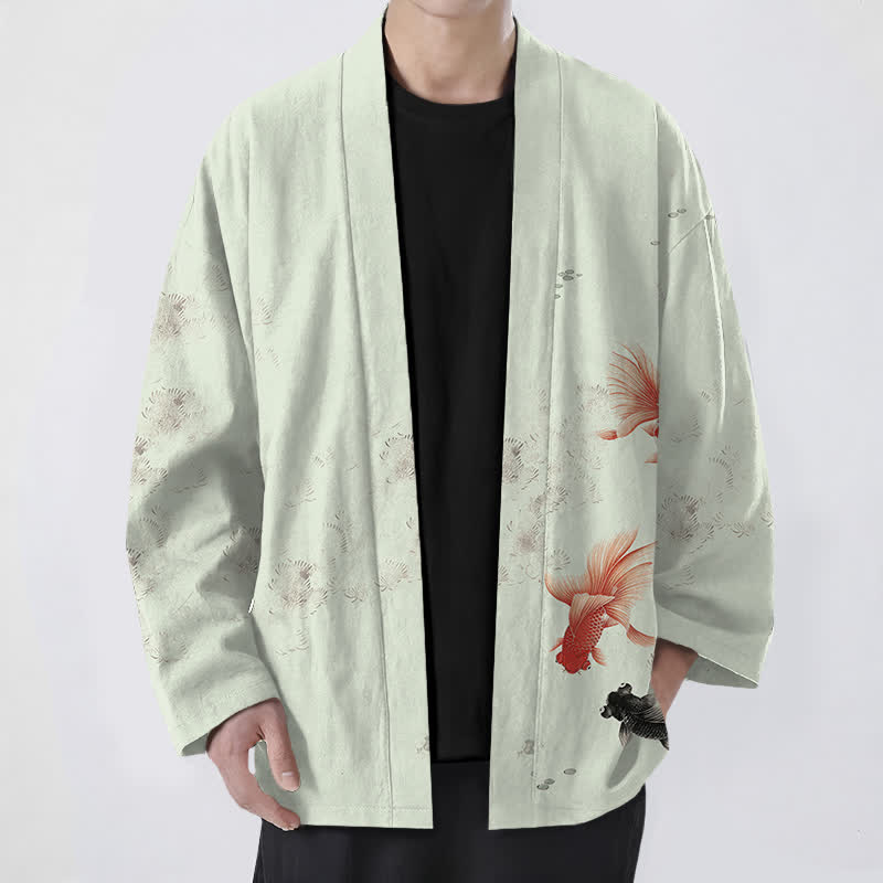 Buddha Stones Kimono da uomo in cotone con apertura frontale e motivo a onde e pesci koi. - Crema alla menta - US/UK/AU48, EU58 (4XL) - image 9