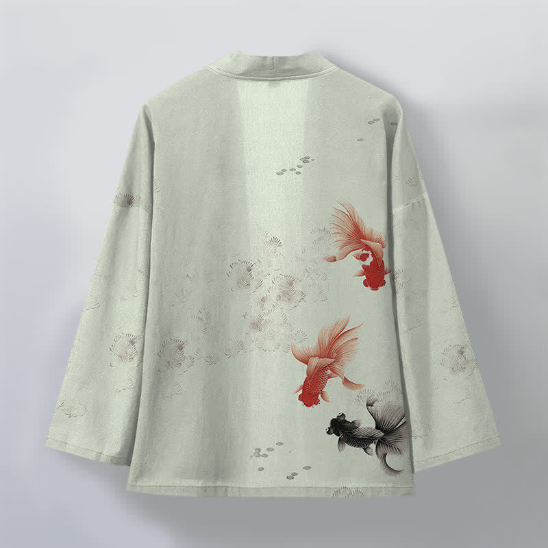 Buddha Stones Kimono da uomo in cotone con apertura frontale e motivo a onde e pesci koi. - image 11