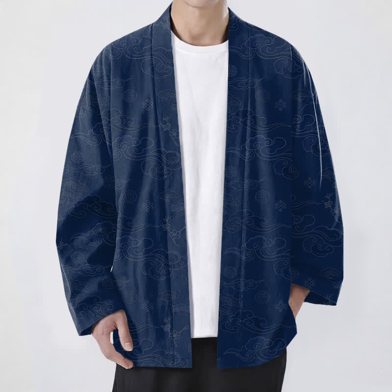 Buddha Stones Kimono da uomo in cotone con apertura frontale e motivo "Nuvole di buon auspicio". - Marina - US/UK/AU48, EU58 (4XL) - image 0